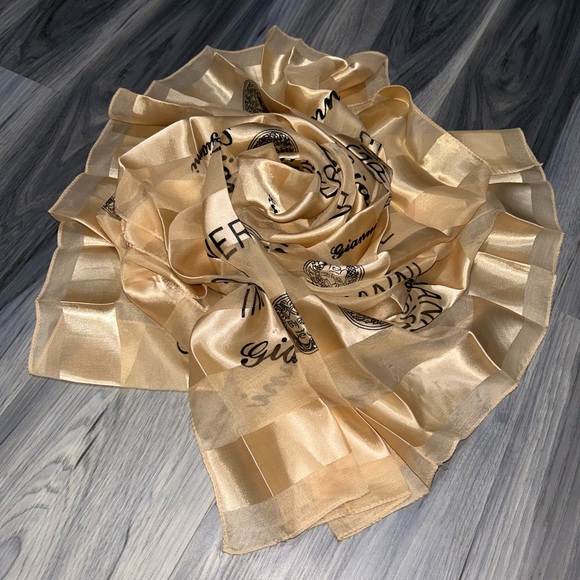 Gianni Versace Vintage All Over Print Gold Silk Scarf
